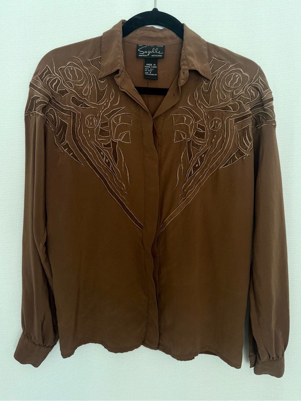 Vintage Suzelle 100% Silk Blouse Brown Cut Out Cutwork Embroidered Western 4